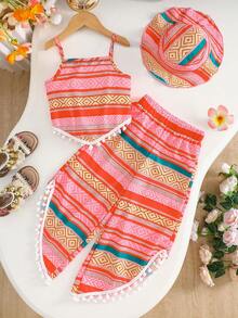 3pcs/Set Girls Casual Geometric Print Sleeveless Top + Matching Allover Print Hat And Capri Pants Outdoor Suit, Spring/Summer - Multicolor - View 1