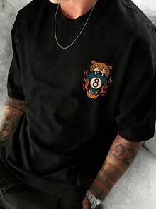 男士时尚休闲街头摇滚说唱风宽松短袖T恤 | 台球风格 | 老虎与8号球印花 | 精致设计 | 春夏必备 | 百搭易穿，展现您的个人风格 - 黑色 - 查看 3