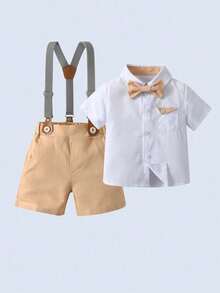 BOARNSEORL 2pcs Young Boys Gentleman Outfit - Short Sleeve Shirt With Bow Tie And Suspender Shorts, Fashionable And Elegant For Banquet, Party, Birthday, Wedding - Khaki - View 1