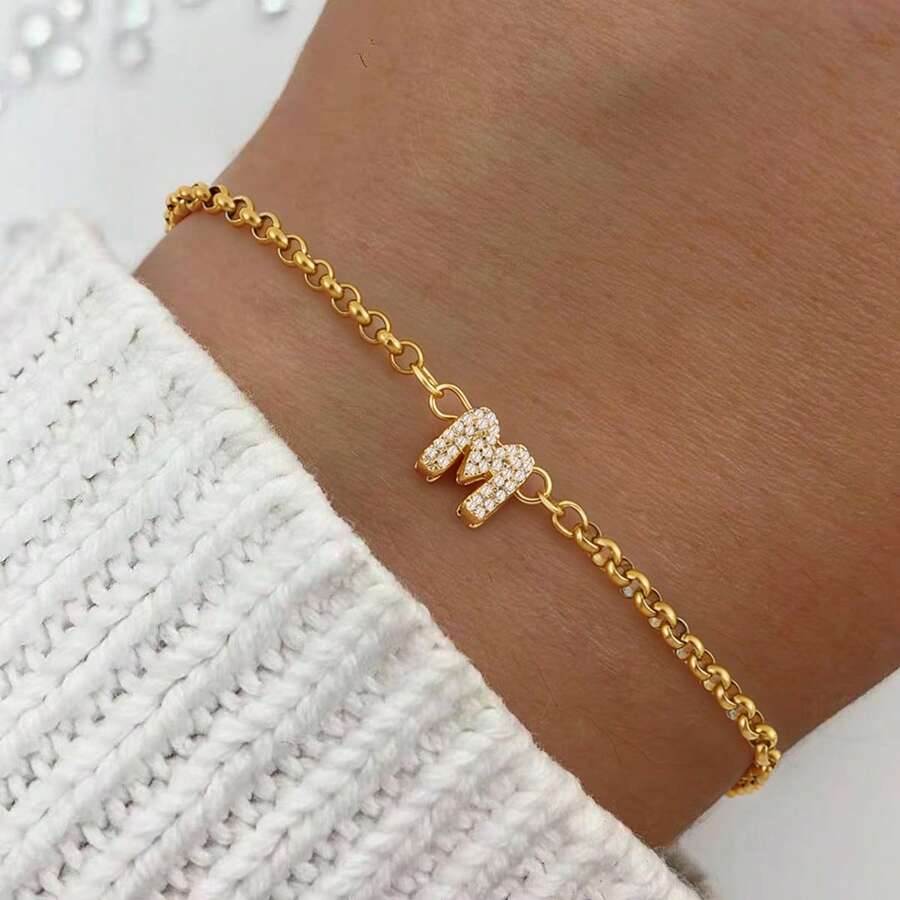 1pc Classic Simple Bubble Initial Golden Stainless Steel Chain Bracelets For Women - Yellow Gold - View 1