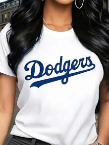 Women Plus Size T Shirt Dodgers Logo Print Baseball Style Casual Wear For Everyday Outings And Sports Events - trắng - Xem 1