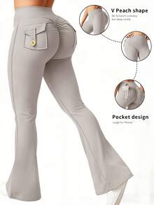 6pecil Women's Outdoor Flared Leggings With Pockets Women's Tight Sports Leggings Butt Lift Fitness Yoga Pants Leggings Sweat Pants Women Cloudy Gray - Light Grey - View 2