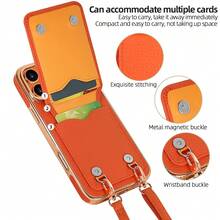 VIETAO 斜挎挂绳皮革翻盖卡槽手机壳，兼容 17/16/15/14/13 Pro Max/17 Pro/Air/17 Pro Max，带挂绳手机套 - 橘色 - 查看 3