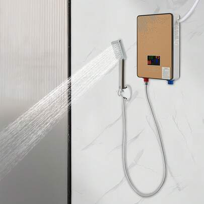 CNCEST 4500W Tankless Electric Water Heater Set, 110V Instant Hot Water Heater On Demand Shower Heater W/LED Display Screen&Overheating Protection, Thermostat Water Heater For Bathroom, Kitchen (Gold)