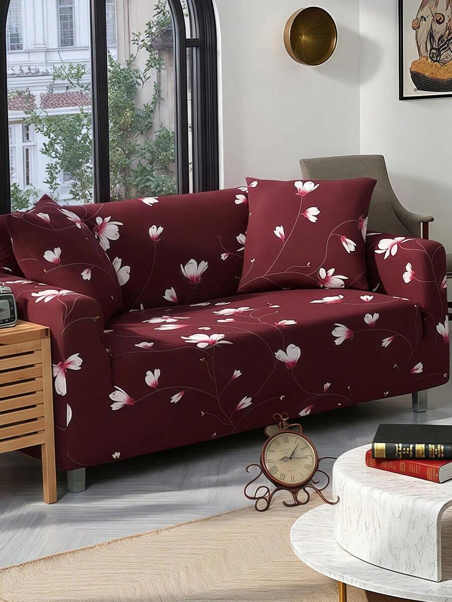 1pc Stretch Full Sofa Cover, Floral Pattern, Modern Style Polyester Fabric, Machine Washable, Protects Sofa, Dust & Dirt Resistant - Red and White - View 1