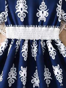 1pc Young Girl Vintage Style Dress, Summer Dress, Young Girl Navy Blue Floral Retro Print Short Sleeve A-Line Dress, Essential For Young Girl Vacation & Outdoor, Suitable For 4-8 Years Old, Casual, Party, Holiday Gift, Birthday Gift - Navy Blue - View 3