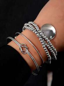 Set de 3 piezas: Colgante circular y brazalete abierto de múltiples capas - rey blanco - Ver 5