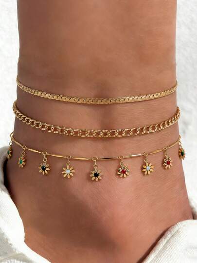3条复古波西米亚风随机花朵吊坠脚链，可叠戴，适合休闲、派对、假日等场合