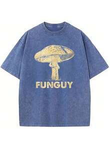 230g Washed, Vintage Mushroom Printed T-Shirt, High Quality Batik Cotton Vintage Fashion Brand, Men's T-Shirt, 250th Anniversary, Easter, Saint Patrick's Day, Valentine's Day, Perfect Gift. - 寶藍色 - 查看 1