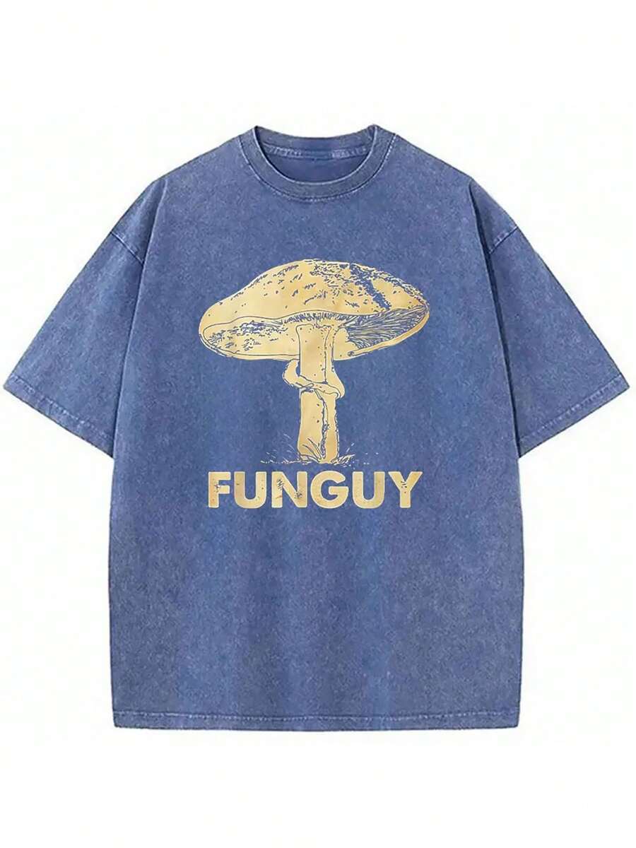 230g Washed, Vintage Mushroom Printed T-Shirt, High Quality Batik Cotton Vintage Fashion Brand, Men's T-Shirt, 250th Anniversary, Easter, Saint Patrick's Day, Valentine's Day, Perfect Gift. - 寶藍色 - 查看 1