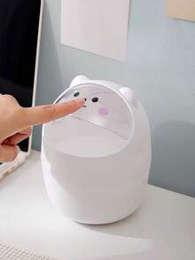 1pc Mini Cute Desktop Trash Can With Lid, Bedroom Bedside Office Paper Basket Small Garbage Bin - Two White - View 5