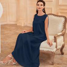 Vestido casual de corte recto sin mangas de cuello redondo con efecto de perla sólido para primavera - Azul Marino - Ver 2