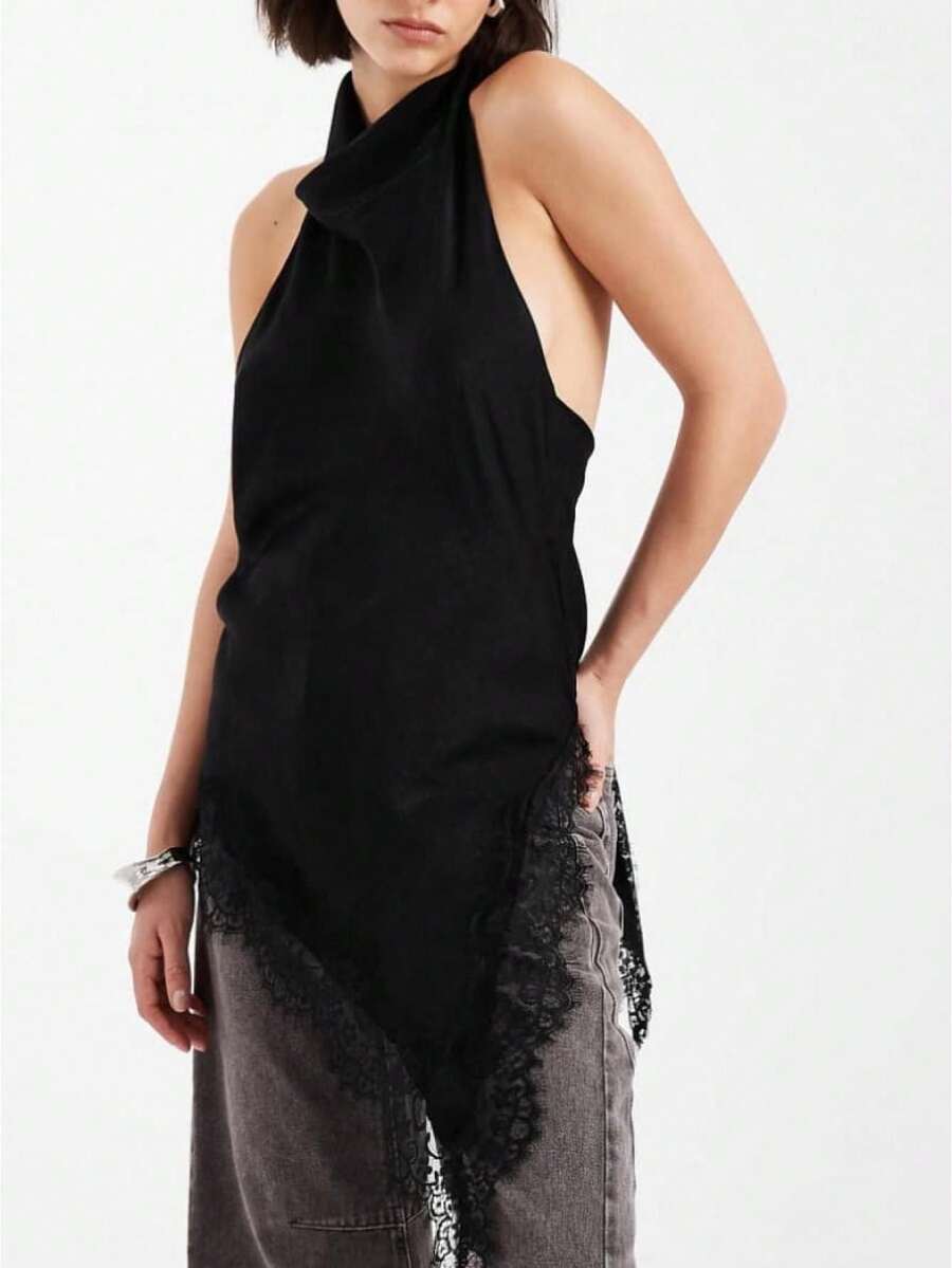 Women Satin Lace Halter Top Silky Mock Neck Backless Asymmetrical Hem Flowy Tank Tops Y2k Fairy Going Out Streetwear - Negro - Ver 1