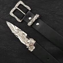 1件男士朋克金属西部武士刀雕刻时尚复古腰带 - 黑色 - 查看 5