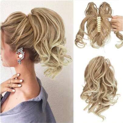 Synthetic Fiber Ponytail Wig Clip-On Big Wave Pear Blossom Curls Elegant High Ponytail Wig, Easy To Wear For Holiday, Casual, And Home