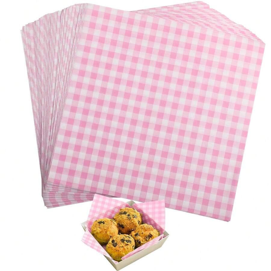 Waxed Paper Sheets 7 * 7 Inch, 100 Pcs Food Basket Liners For Sandwiches, Burgers, Checkered Wrap Wax Paper Sheets - 淡粉紅色 - 查看 1