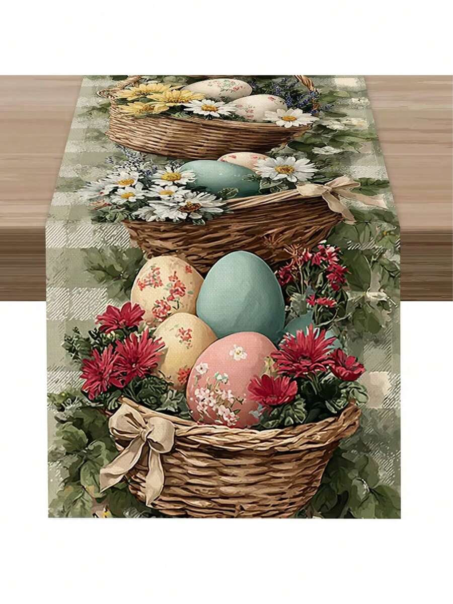 1 pieza Camino de mesa de Pascua floral de primavera con estampado de follaje y canasta de cáscara de huevo - Decoración de mesa de poliéster de primavera y verano adecuada para brunch de Pascua, fiestas de primavera, comedor de estilo granja - Azul menta - Ver 1