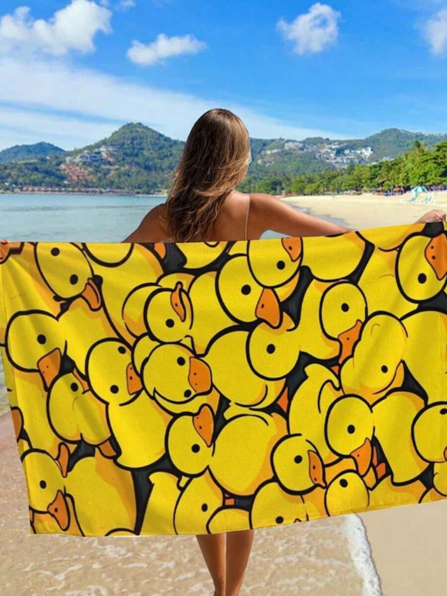 Rubber Duck Beach Towel Fun Yellow Duck Print,  Pool Accesry. - Image Color - View 1