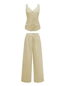 2026复古风100%纯棉两件套，亚麻色宽松背心搭配阔腿裤，简约度假风，修身剪裁，舒适透气面料，是夏季度假的理想之选，时尚休闲居家服，完美契合海滩度假风，必备的高级基础款，轻松打造精致优雅造型。 - 黃色 - 查看 3