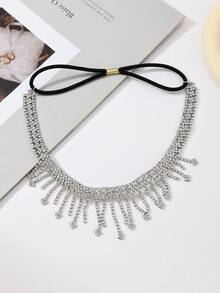 1pc Luxury Crystal Tassel Headchain, Bridal Wedding Hair Jewelry Elastic Headband, Women's Jewelry For Party, Wedding, Beach Vacation - Silver - View 3