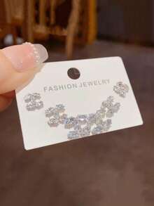 1 Set Elegant 925 Silver Needle White Diamond Double C Letter Earrings, Suitable As Wedding Party Jewelry Gift For Women - C Earring Set - View 8