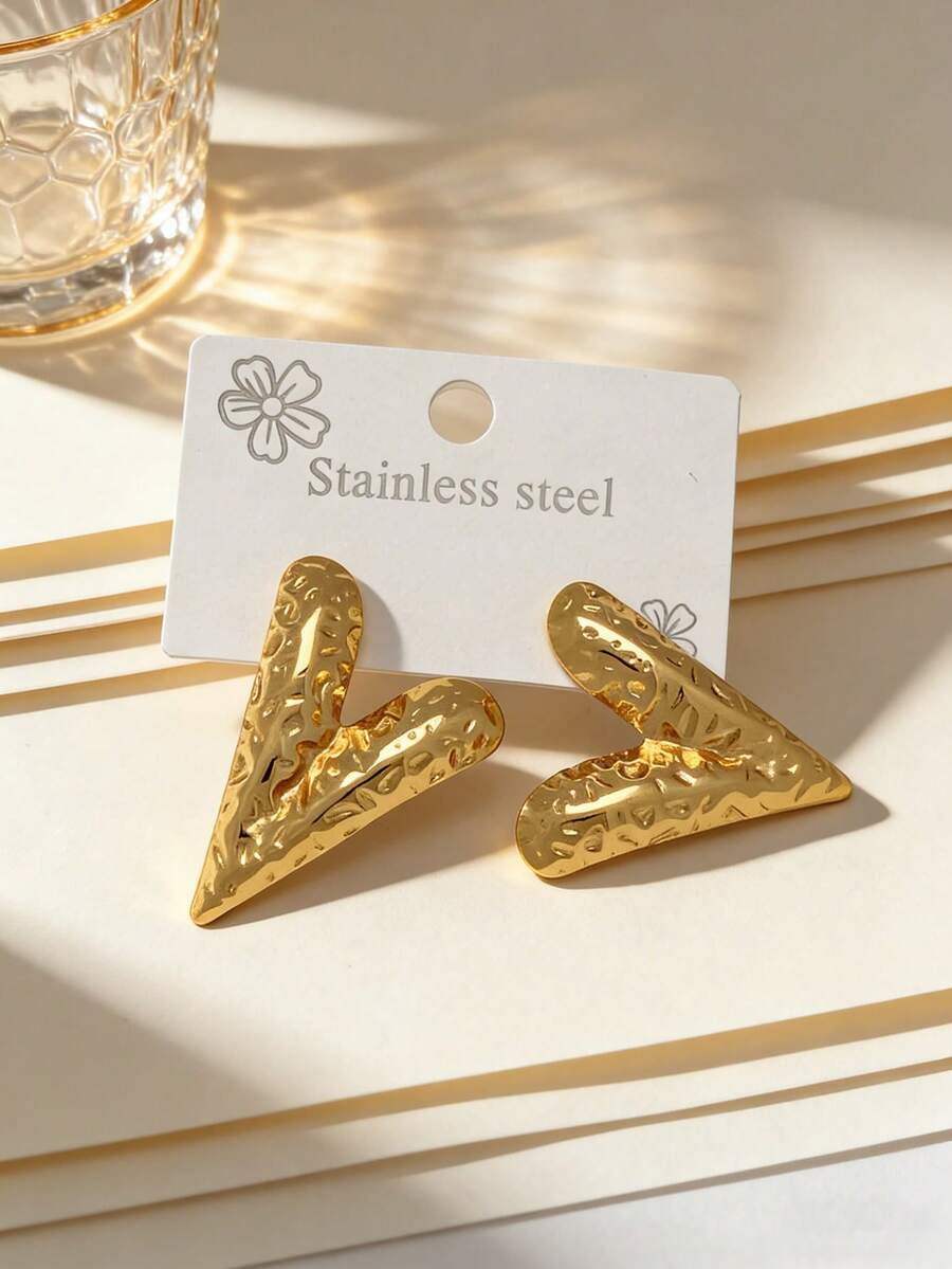 Stainless Steel Gold-Plated Heart-Shaped Ear Studs, Low Allergenic, Nickel-Free, Women's Exaggerated Ear Studs, Thick Gold Women's Ear Studs, Fashion Declaration Geometric Texture Lightweight Anti-Allergy Ear Studs, Retro Jewelry Dance Party Gifts, Women's Ear Studs, Fashionable Heavy And Unique Pendant Ear Studs, Women's Gold Ear Stud Set, Exquisite Gold-Plated Ear Studs, Anti-Allergy Ear Studs, Fashionable Jewelry, Women's Gifts, Party Gifts - Multicolor - View 1