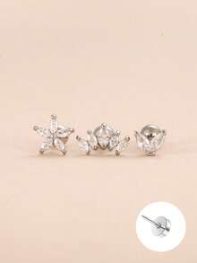 Set de 3 piezas de pendientes de botón de circonita marquesa plateada delicada para mujeres, pendientes de cartílago de flor para múltiples perforaciones, joyería para uso diario - Plata 3 piezas - Ver 5