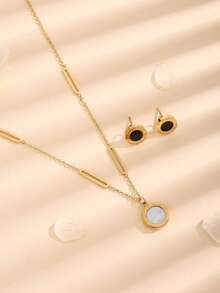 三件套：时尚黑白珍珠母贝双面罗马数字项链、圆形罗马数字耳环、简约首饰套装 - 羅馬別針項鍊+耳環 - 查看 6