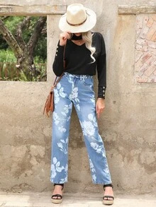 Jeans estampados florales mujer, cintura media un botón, sin elasticidad, holgados para diario y salida - Lavado ligero - Ver 6