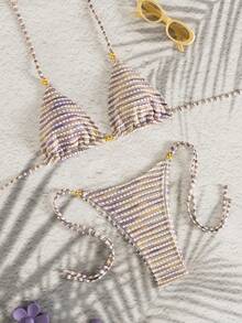 Bộ bikini hai mảnh đính cườm, sọc nhiều màu sắc, thanh lịch, gợi cảm, kiểu yếm, thích hợp cho kỳ nghỉ hè trên bãi biển. - Nhiều màu - Xem 2