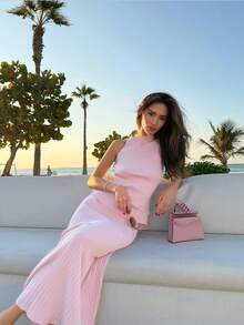 2 Pieces Elegant Minimalist Casual Dress Set, Suitable For Daily Commute, Dating, And Vacation - Pink - View 5