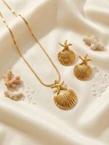 Set de 2 piezas con collar con colgante de estrella de mar y concha + aretes, de estilo minimalista, para vacaciones en la playa, fiesta en la playa, elegante y bohemio, para primavera/verano - Amarillo Oro - Ver 2