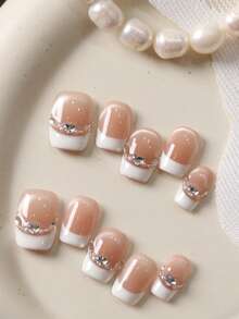 10片装按压式假指甲，法式短款，白色猫眼粉腮红粉色闪钻，适合办公室日常佩戴，套装包含1张粘性贴片和1个迷你指甲锉。 - 彩色 - 查看 9