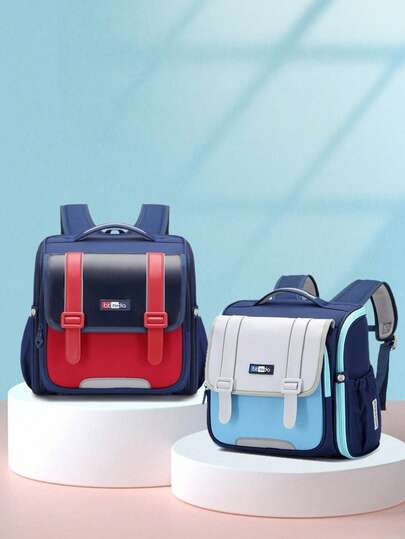 1 pieza Mochila horizontal multicolor para niños y niñas de 3 a 8 años, apertura con cremallera completa para una limpieza fácil, diseño científico por capas, estilo horizontal de moda con correas ajustables para los hombros y hebilla para el pecho, material reflectante añadido en 4 lados