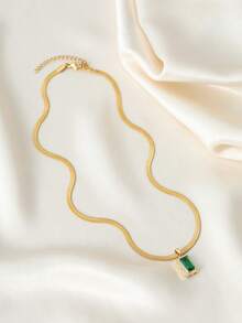 1pc Girl's Pendant Necklace, Minimalist Layered Design, Stainless Steel Flat Chain With Inlaid Green Zirconia Rectangular Pendant, Versatile Daily Wear Gift Accessory - Yellow Gold - View 3