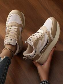 1 Pair Women's Chunky Waffle Sneakers, Thick Sole Elevated Casual Running Shoes, Spring/Summer - Khaki - View 5