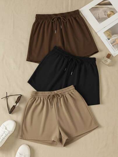 3pcs Solid Color Elastic Waist Drawstring Casual Sports Shorts