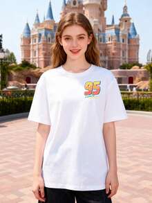 Disney Women's T-Shirt Featuring A Double-Sided Print Of Lightning McQueen From Cars With The Number "95." Made From Soft, Comfortable, And Durable 100% Cotton Fabric. This Spring/Summer Women's Crew Neck T-Shirt Is Perfect For Everyday Wear, Shopping, Parties, Travel, And Gatherings. It Also Makes An Excellent Gift. - White - View 2