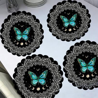 Bộ 4/6/8 khăn trải bàn nhà bếp với họa tiết bướm và hoa. Khăn trải bàn tròn. Tấm lót bàn tròn. Trang trí bàn tiệc. Trang trí nhà cửa theo mùa, kích thước 13,7 inch * 13,7 inch. Thiết kế hình tròn. Trang trí lễ hội, được làm từ chất liệu vải lanh dày chất lượng cao.