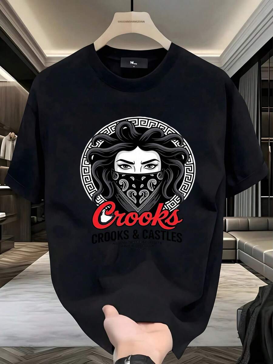 Camiseta Medusa, Urbana, Crooks & Castles, Bandana, Estilo Gangsta, Salida, Fiestas, Callejeros, Hombres Jóvenes, Viral, Negra, Moda Urbana Méxicoenvío nacional,playera de hombre,ropa de hombre,regalos para hombre,regalos para tu novio,oversize hombre. - Negro - Ver 1