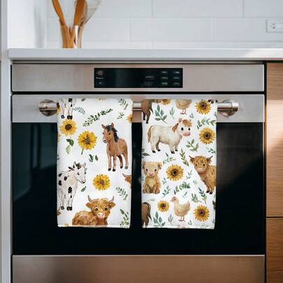 2pcs Farm Theme Watercolor Style Animal & Floral Pattern Microfiber Kitchen Towels, 40*60cm Absorbent Dish Cloths, Suitable For Kitchen, Bathroom, Housewarming Gifts, Great Value For Home