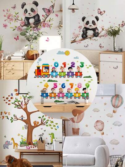 1 st/2 st dekorativa väggdekaler till barnrum, flera storlekar, PVC självhäftande avtagbara, siffror för tidig utbildning, söt panda, luftballong, träd med ord, tecknade väggdekaler, lämplig för sovrum, vardagsrum, arbetsrum, matsal, badrum, väggdekoration för hemmet