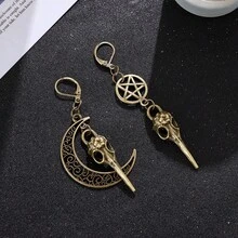 1 Đôi bông tai hình trăng lưỡi liềm và ngôi sao năm cánh kiểu cổ điển, bông tai mặt dây chuyền hình đầu lâu quạ kiểu Gothic, trang sức phù thủy phong cách Punk cổ điển, phụ kiện câu lạc bộ Halloween - Đồng - Xem 4
