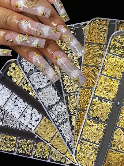 12 Grid 3D Gold Nail Art Charms,Mixed-Style Gold Shell,Seahorse,Starfish,Pearl,Sun,Moon,Star Metallic Nail Rivets Beads Y2K 3D Metal Hollow Nail Art Studs Rivets Pearls Rhinestone Jewels For Nails Salon Or Diy Craft Supplies Nail Gems