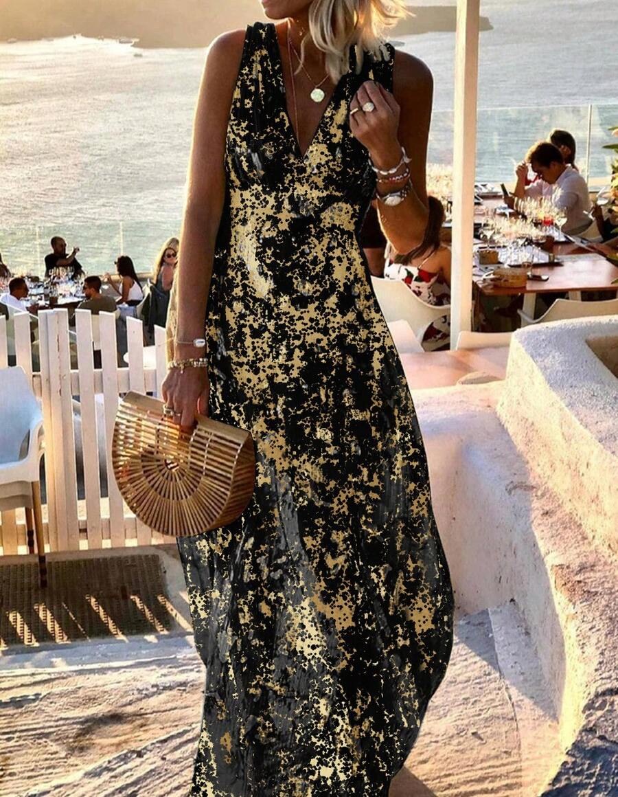 Ladies Golden V-Neck Sleeveless Long Summer Elegant Dress - màu đen - Xem 1