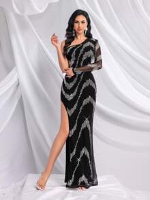 QOQ Damen Strass Meerjungfrau-Abendkleid mit hohem Seitenschlitz, rückenfrei, elegant, für Abschlussball, Hochzeitsgast, Bankett, Schönheitswettbewerb, Cocktail, Geburtstag - Schwarz - Übersicht 4