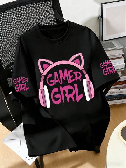 青少年短袖T恤，印有耳机和标语图案 - 休闲宽松运动圆领T恤 - 适合夏季上学、旅行、聚会和郊游的完美礼物。少女服装。