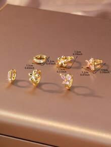 3对/套 微镶锆石花朵蝴蝶耳环，优雅百搭，适合学生佩戴 - 耳環套裝 - 查看 4