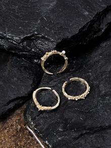 Opalesca Bộ 3 chiếc nhẫn hở có thể điều chỉnh bằng hợp kim đồng Cubic Zirconia giả ngọc trai hình chữ thập, phù hợp cho phụ nữ đeo hàng ngày - Vàng - Xem 2