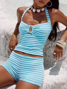 Women's Striped Halter Cutout Ruched Crop Top And Bodycon Shorts 2 Piece Set For Beach Vacation - Màu xanh lam - Xem 7